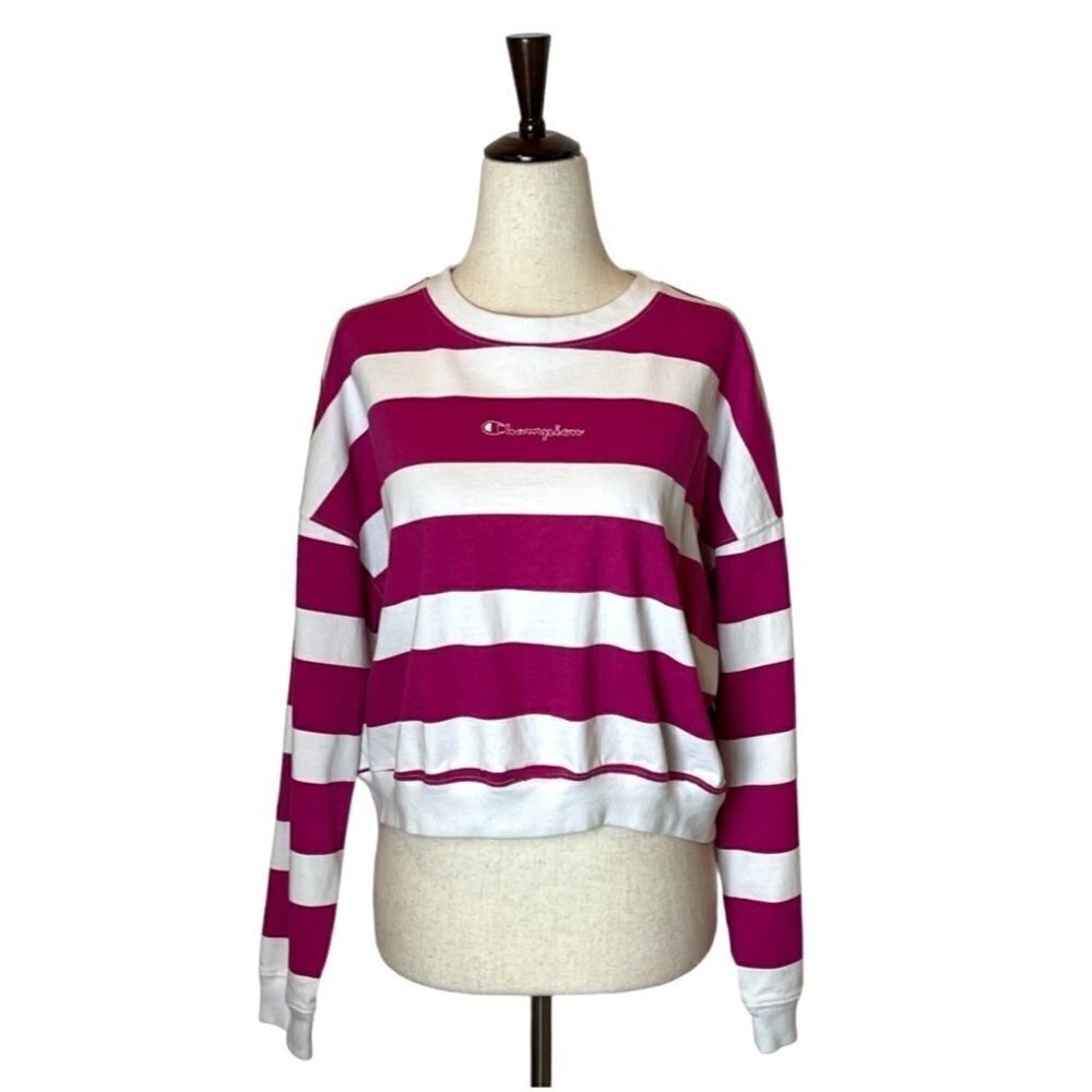 Champion Pink And‎ White Striped Crew Neck Pullover Cropped Sweatshirt Size S